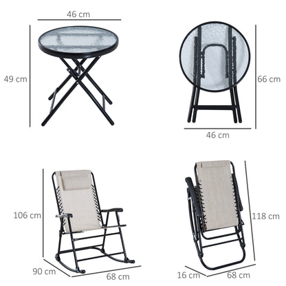 Outsunny 3 Piece Outdoor Rocking Set With 2 Folding Chairs And 1 Tempered Glass Table