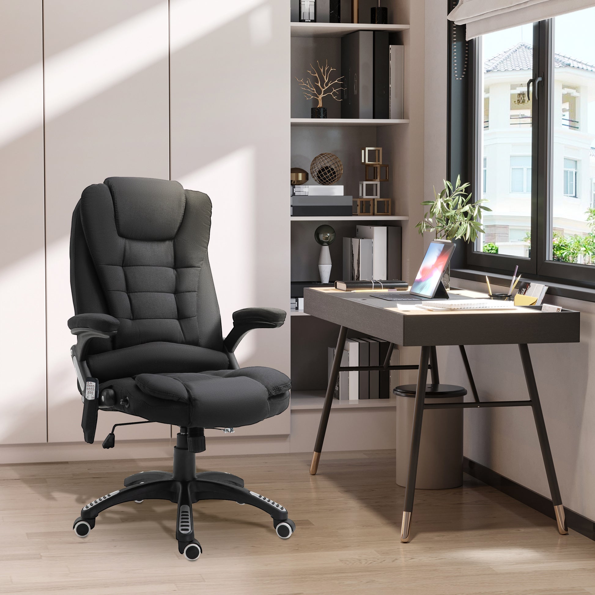 Vinsetto Massage Recliner Chair Heated Office Chair with Six Massage Points Linen-Feel Fabric 360° Swivel Wheels Black