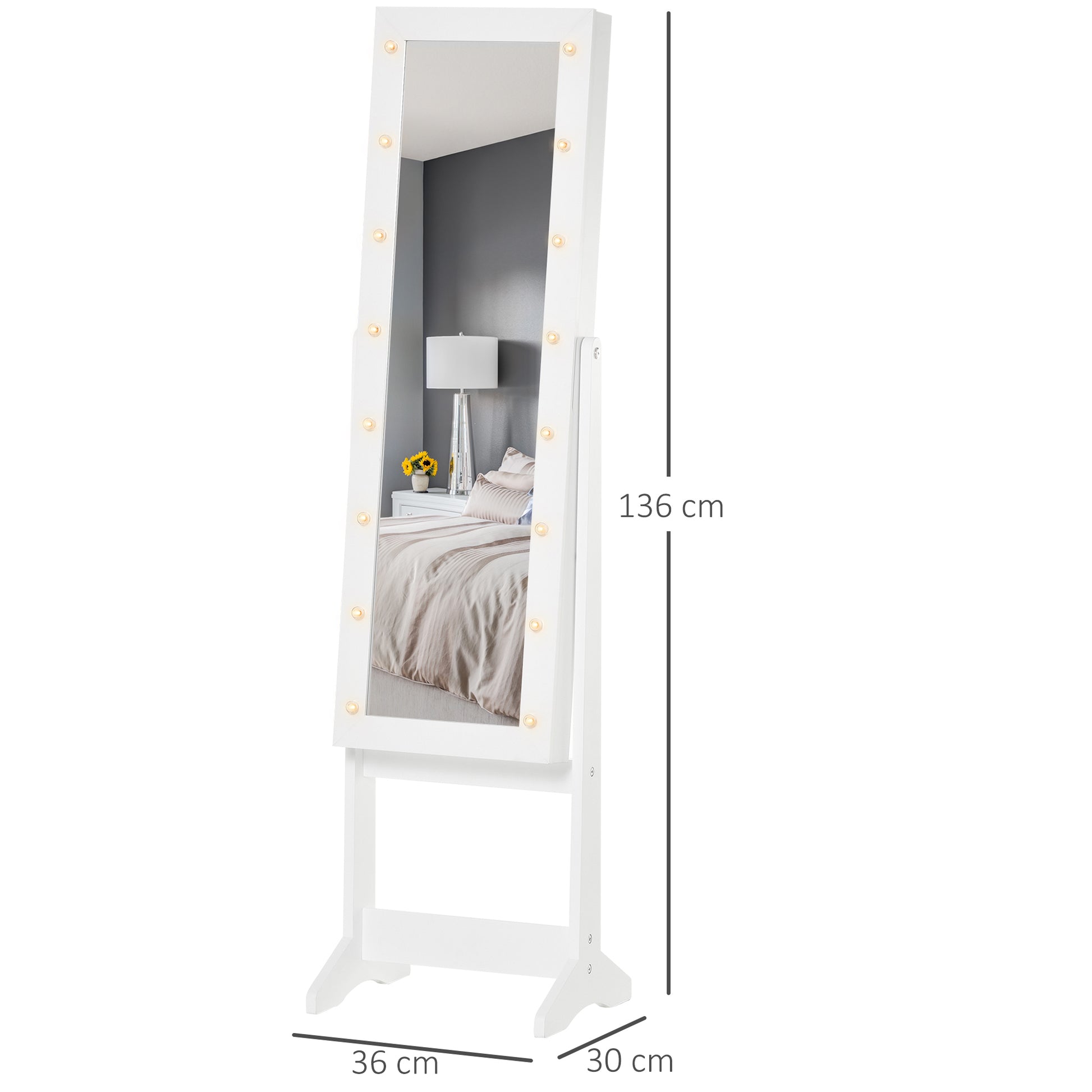 Homcom Free Standing LED Mirrored Jewelry Cabinet Armoire Floor Organiser W/ 3 Angle Adjustable For Rings Earrings Bracelets Cosmetics Warm White