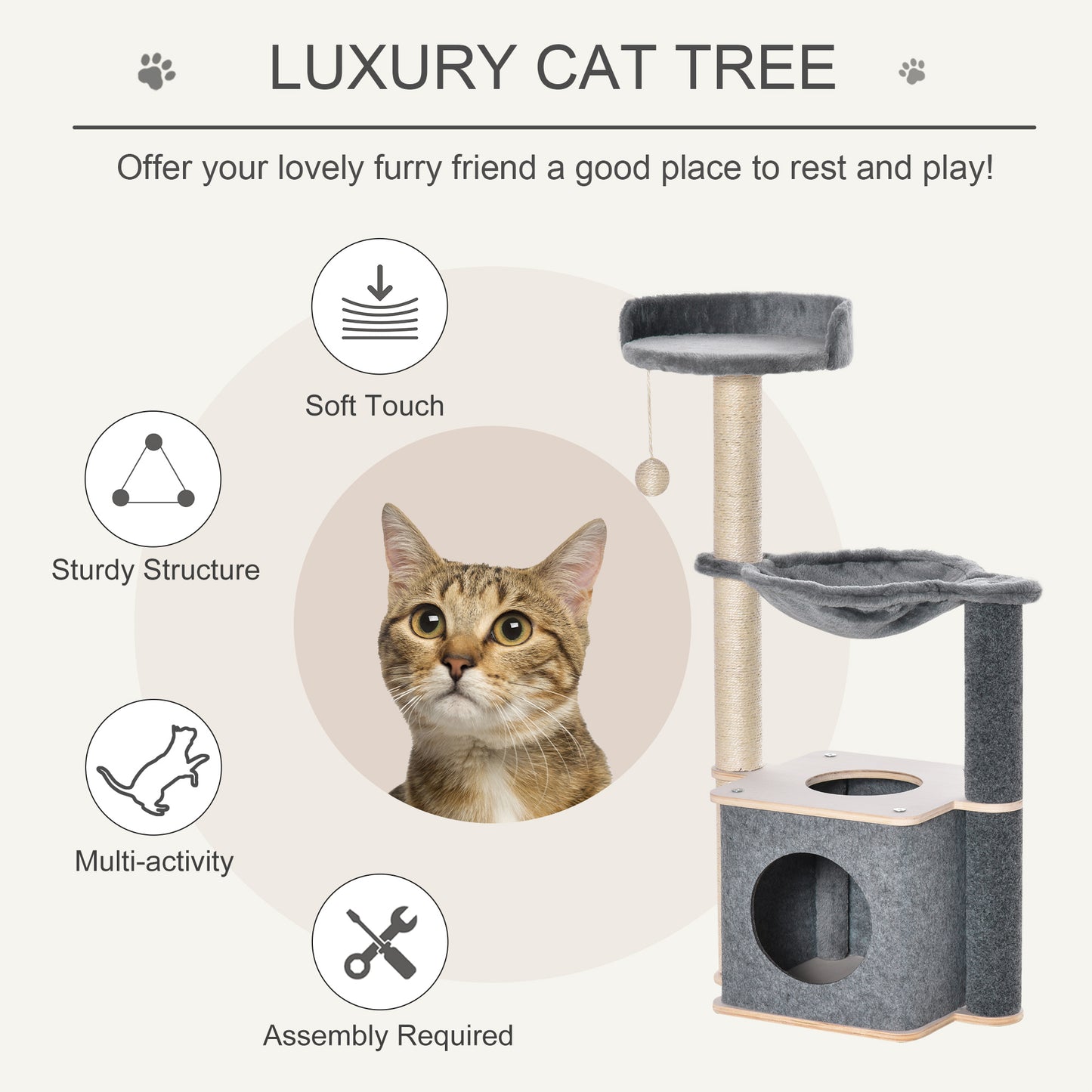 PawHut Cat Tree for Indoor Cats 95cm Climbing Tower Kitten Activity Center with Sisal Scratching Post Perch Roomy Condo Hammock Removable Felt Hanging Toy