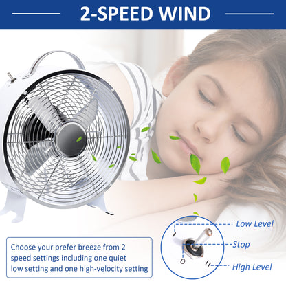 Homcom 26cm 2-Speed Electric Table Desk Fan w/ Safety Guard Anti-Slip Feet Portable Personal Cooling Fan Home Office Bedroom White