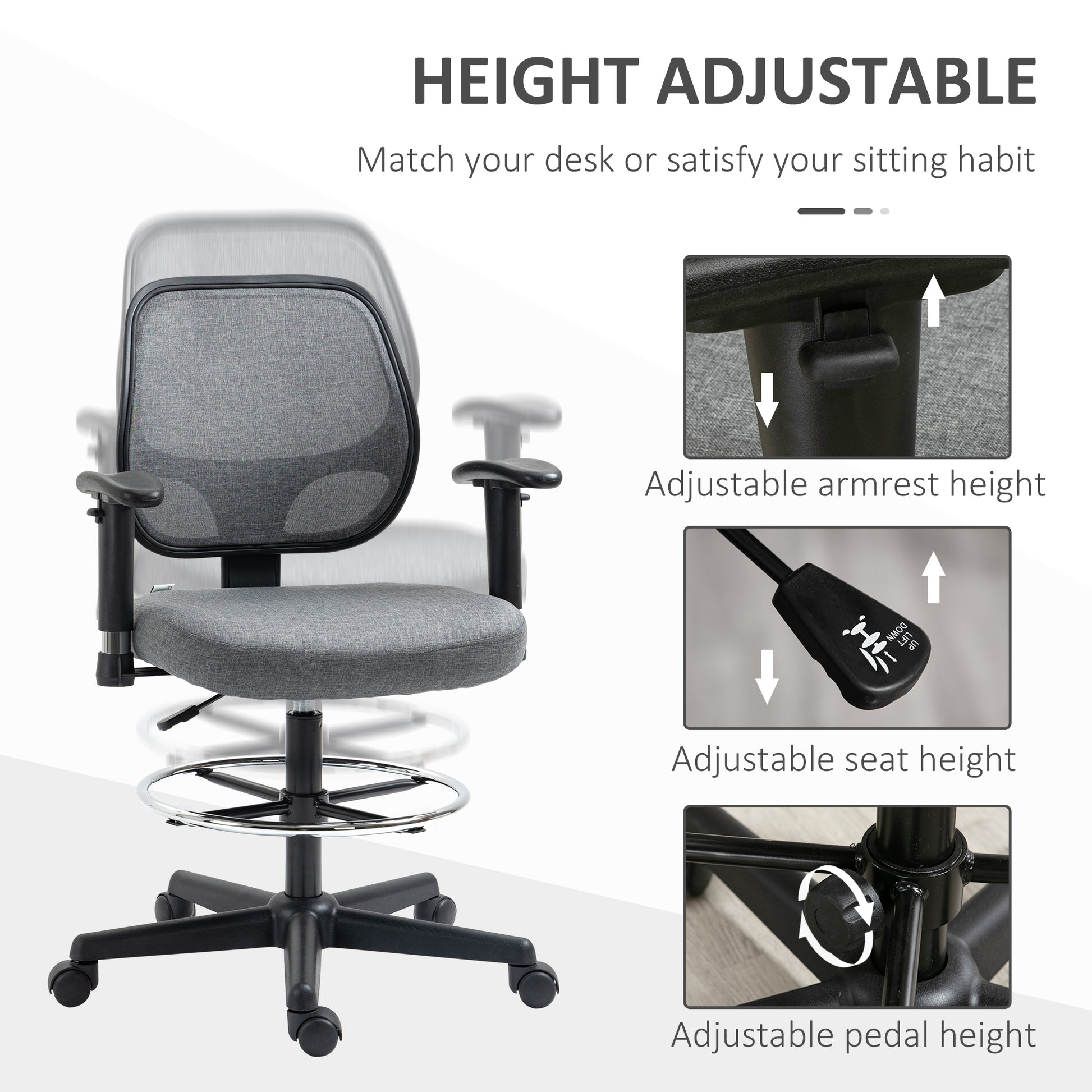 Vinsetto Ergonomic Drafting Chair Tall Office Stand Desk Chair with Foot Ring