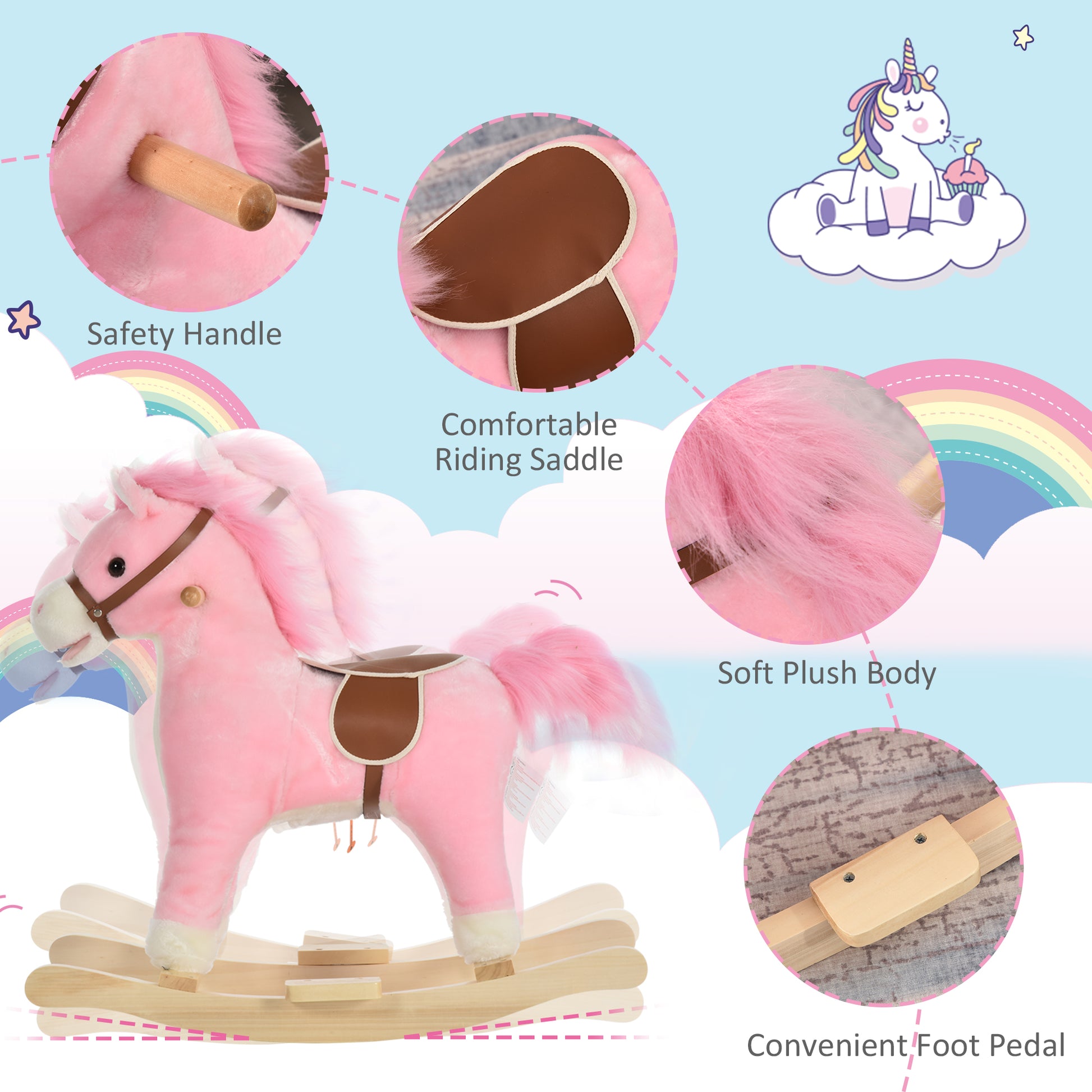 Homcom Kids Plush Rocking Horse w/ Sound Moving Mouth Wagging Tail Children Rocker Ride On Toy Gift 36 - 72 Months Pink