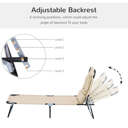 Outsunny Sun Lounger Foldable Reclining Chair with Pillow and Reading Hole Garden Beach Outdoor Recliner Adjustable Beige