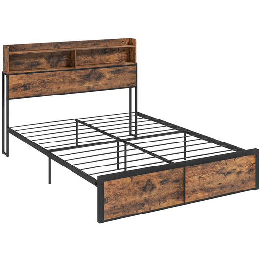 Industrial King Bed Frame, 5.2FT Steel Bed Base w/ Storage Headboard, Footboard, Under Bed Storage, 158 x 222cm, Rustic Brown-0