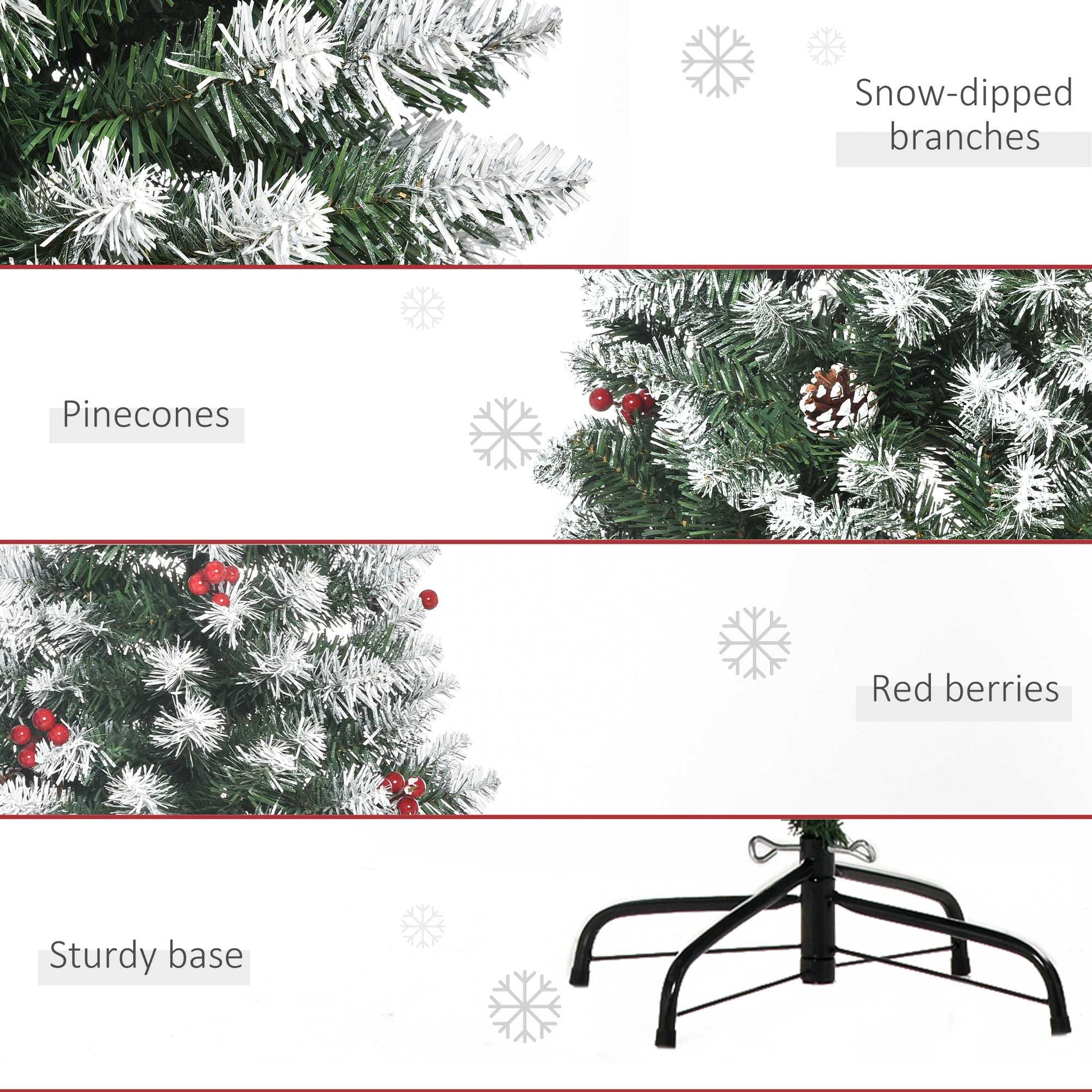 Homcom 6FT Artificial Christmas Tree Foldable Feet Xmas Pencil Tree with Red Berries and Pinecones