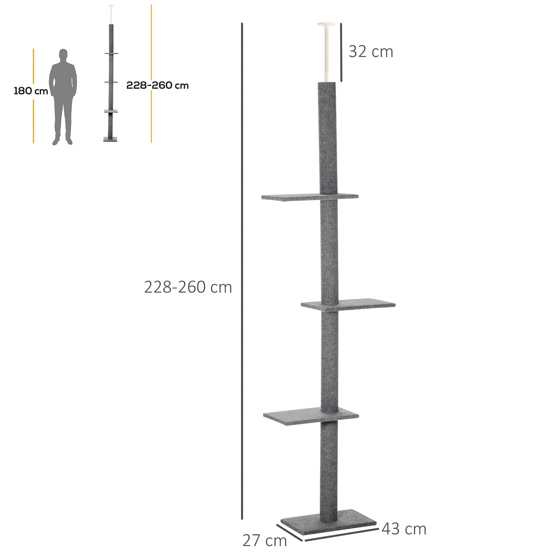 PawHut 260cm Floor To Ceiling Cat Tree Activity Center w/3 Perches Kitten Grey