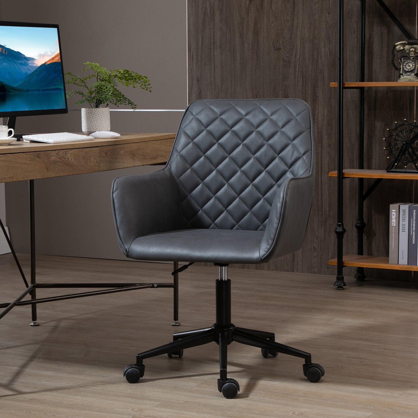 Vinsetto Swivel Office Chair Leather-Feel Fabric Home Study Leisure with Wheels