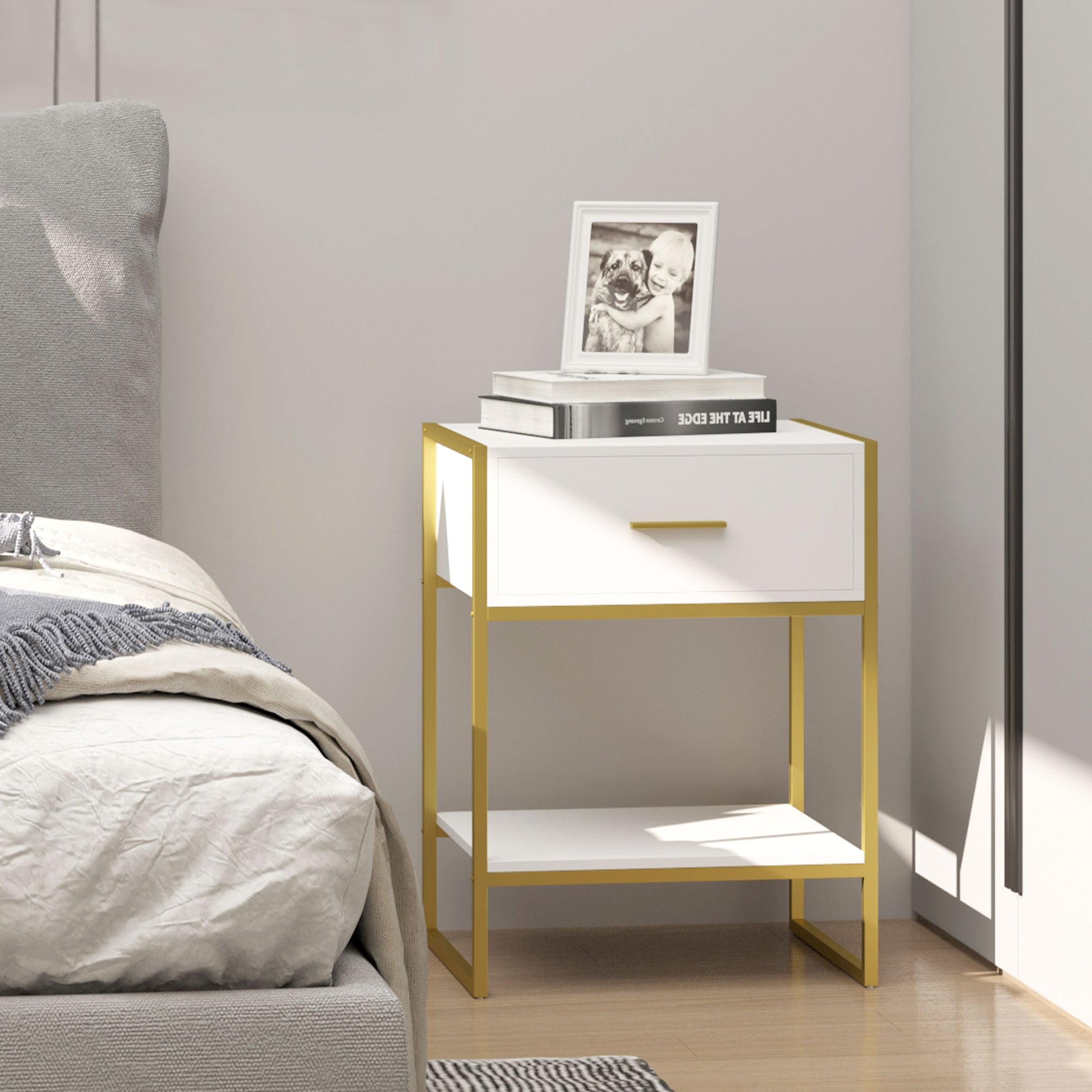 Homcom Elegant Gold-Tone Metal Frame Side Table With Drawer