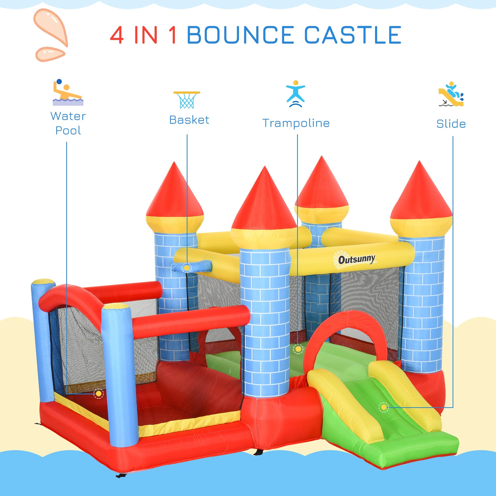 Outsunny Kids Bounce Castle Inflatable Trampoline Slide Pool Basket for Kids Age 3-10