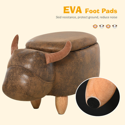 Homcom Animal footstool Buffalo Storage Stool Cute Kids Decoration Wood Frame Legs w/Padding Lid Ottoman Furniture Brown