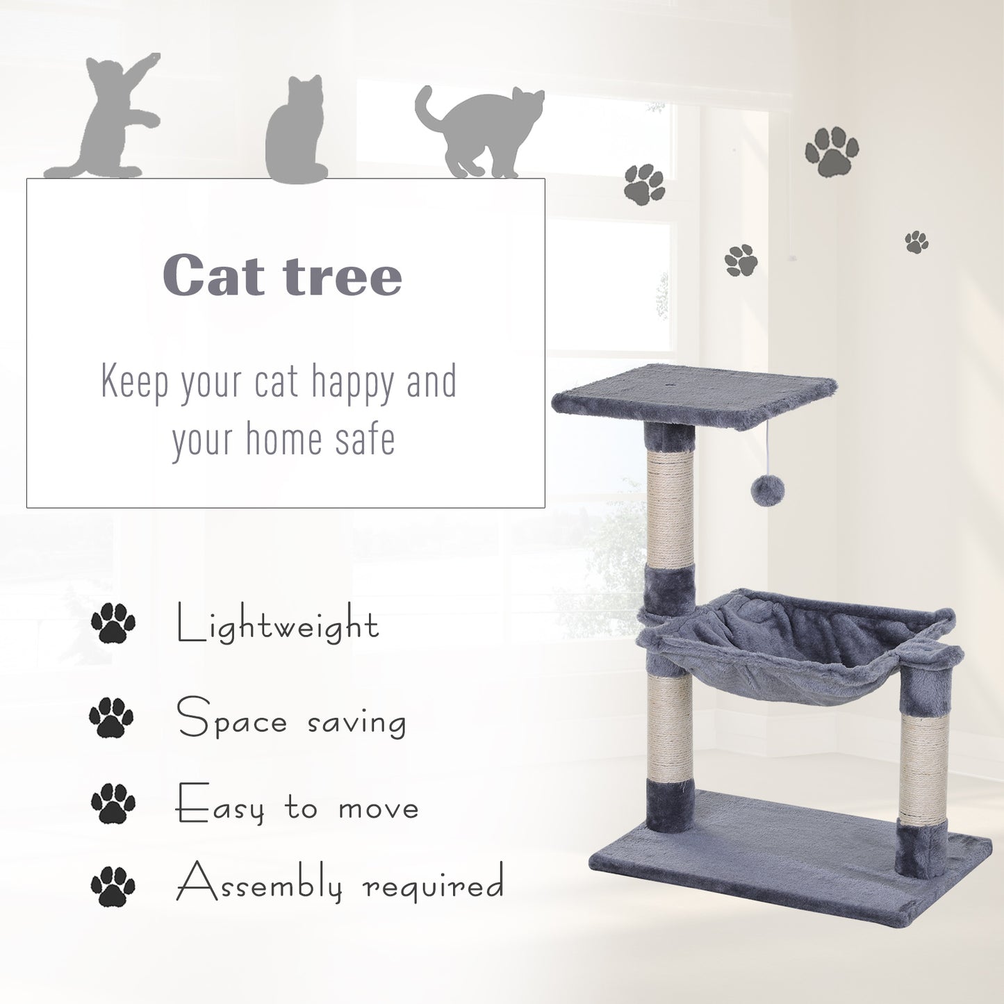 PawHut 70cm Cat Tree for Indoor Cats Durable Natural Sisal Scratching Posts Hammock Bed Kitty Activity Center Grey