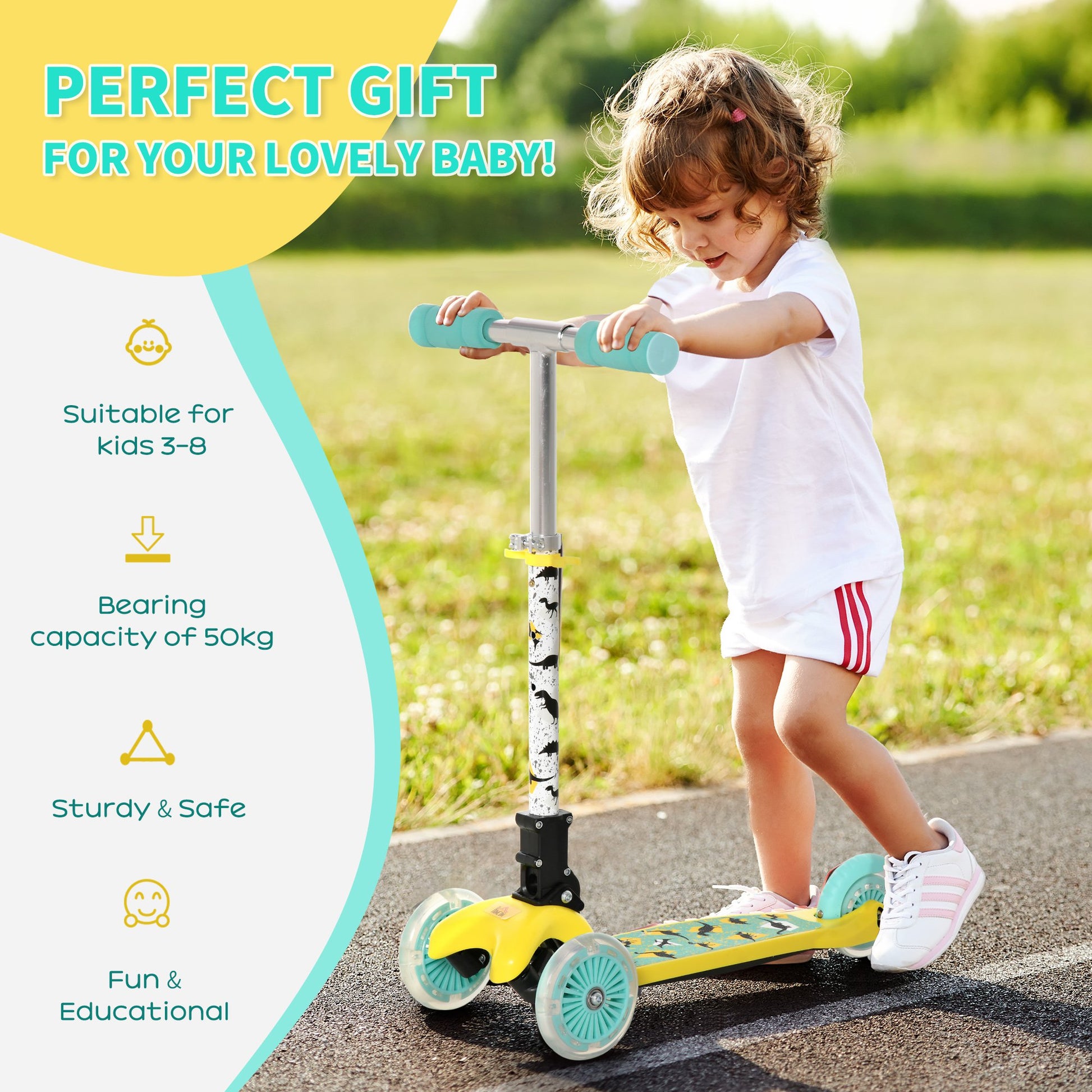 Homcom Foldable Scooter for Kids with 3 Wheel Adjustable Height Flashing Wheels