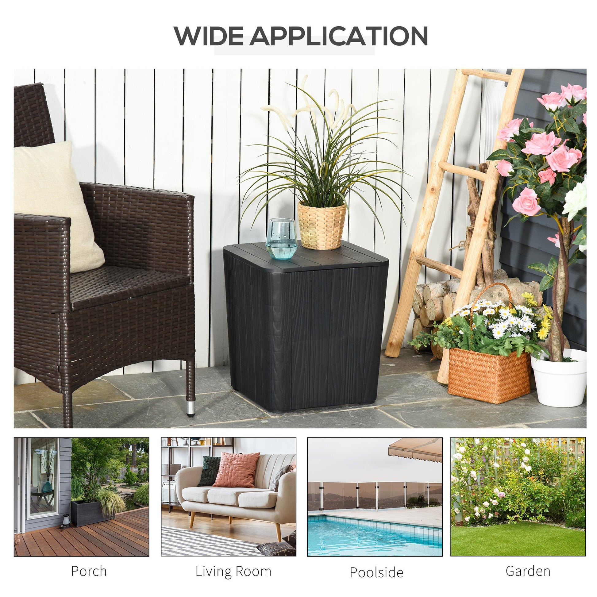 Outsunny Wood Effect Coffee Table Square Storage Box Garden Furniture Bucket Patio Black