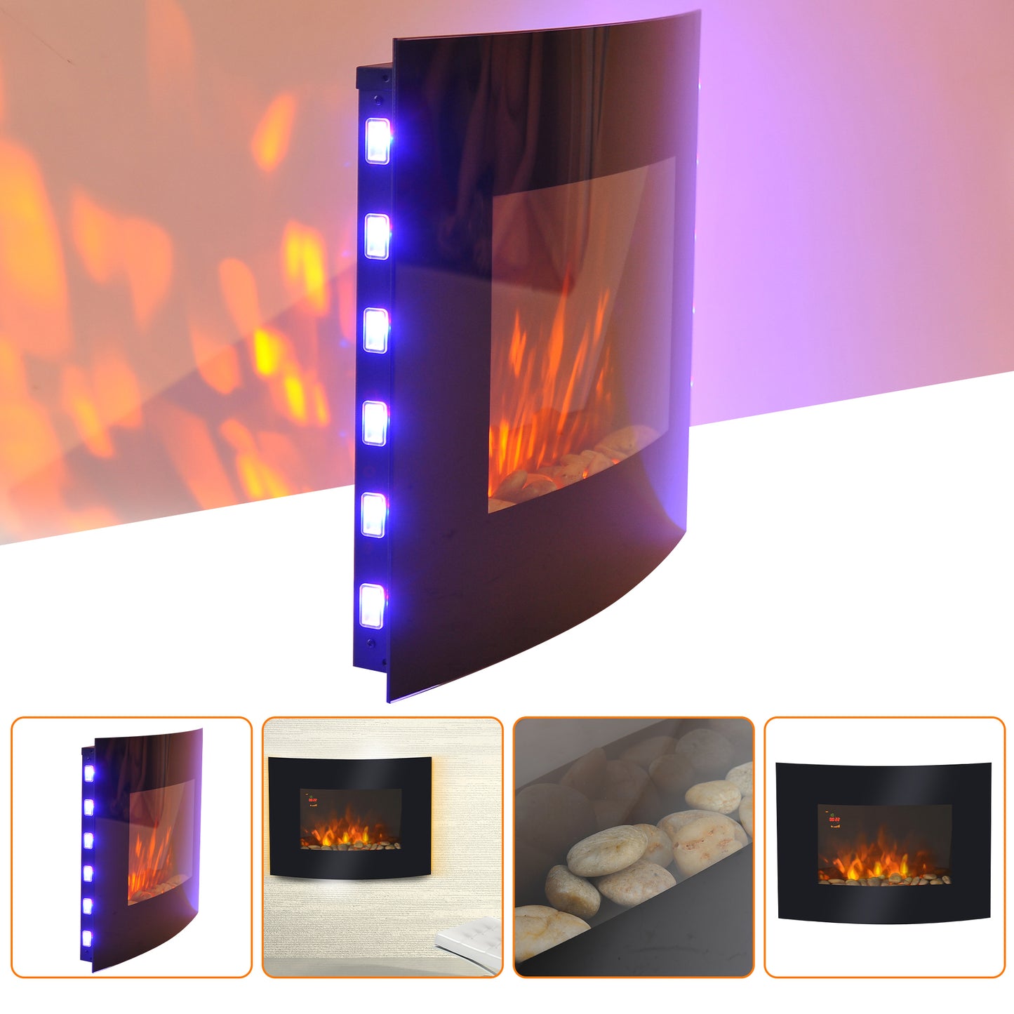 Homcom 900/1800W LED Curved Glass Electric Wall Mounted Fire Place-Black