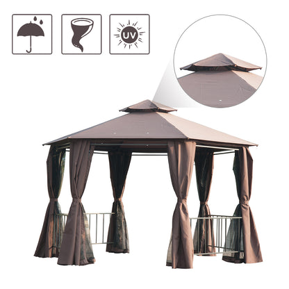 Outsunny 3 x 3(m) Hexagon Gazebo Patio Canopy Party Tent Outdoor Garden Shelter w/ 2 Tier Roof & Side Panel - Brown