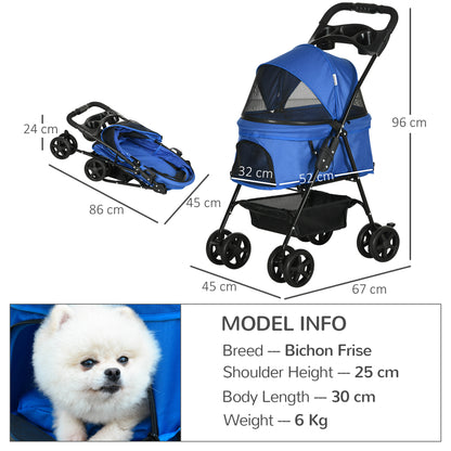 PawHut Dog Stroller Pet Cat Travel Pushchair One-Click Fold Trolley Jogger with EVA Wheels Brake Basket Adjustable Canopy Safety Leash for Small Dogs