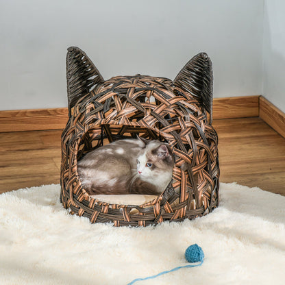 PawHut Wicker Cat Bed Rattan Kitten Basket Pet Den. House Cozy Cute-shaped Cave with Soft Cushion Brown