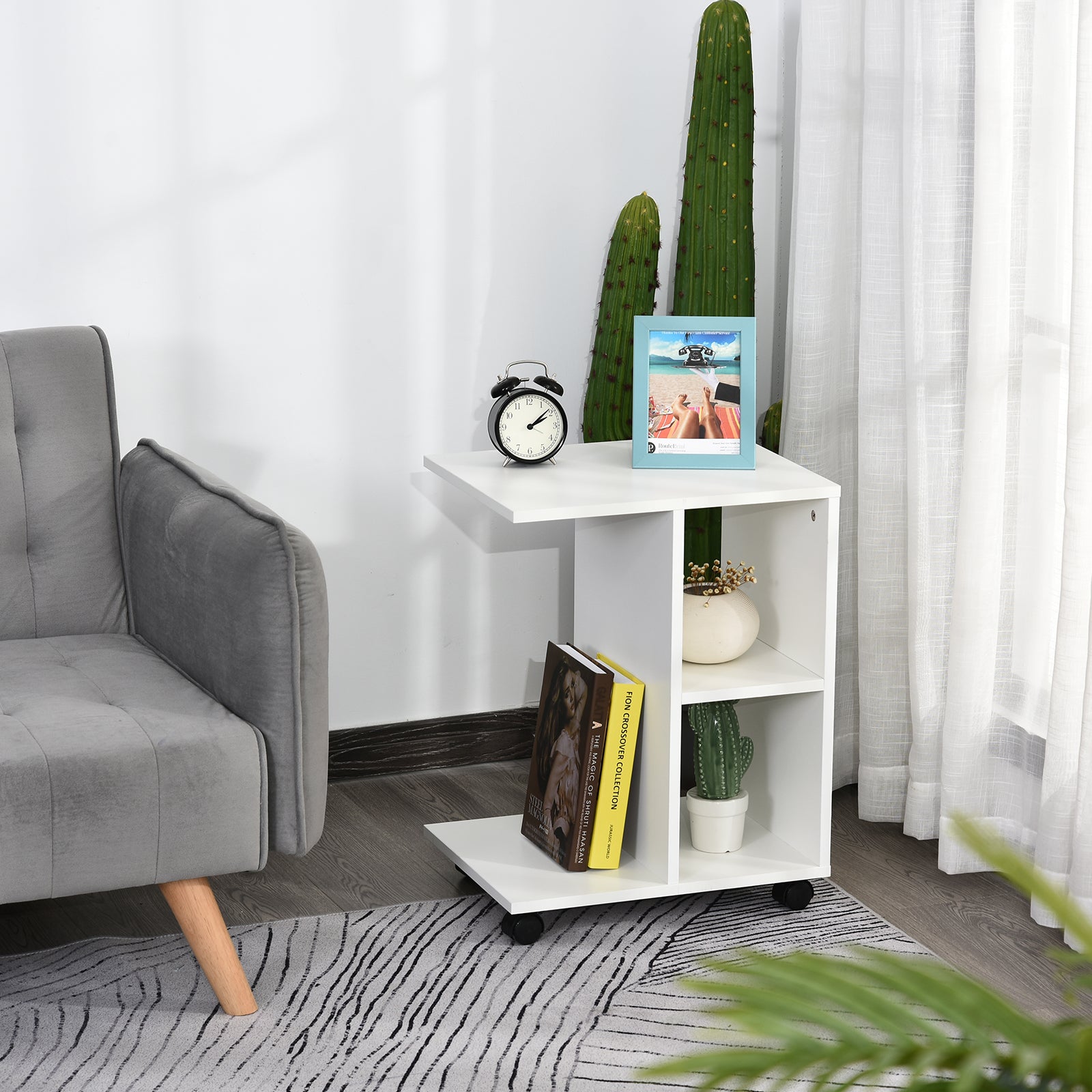 Homcom C Shape End Table Unique Storage Unit W 2 Shelves 4 Wheels Freestanding Home Office Furniture Cabinet Square Studio White