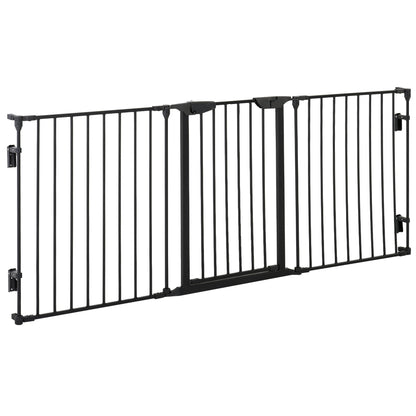 PawHut Pet Safety Gate 3-Panel Playpen Fireplace Christmas Tree Metal Fence Stair Barrier Room Divider with Walk Through Door Automatically Close Lock Black