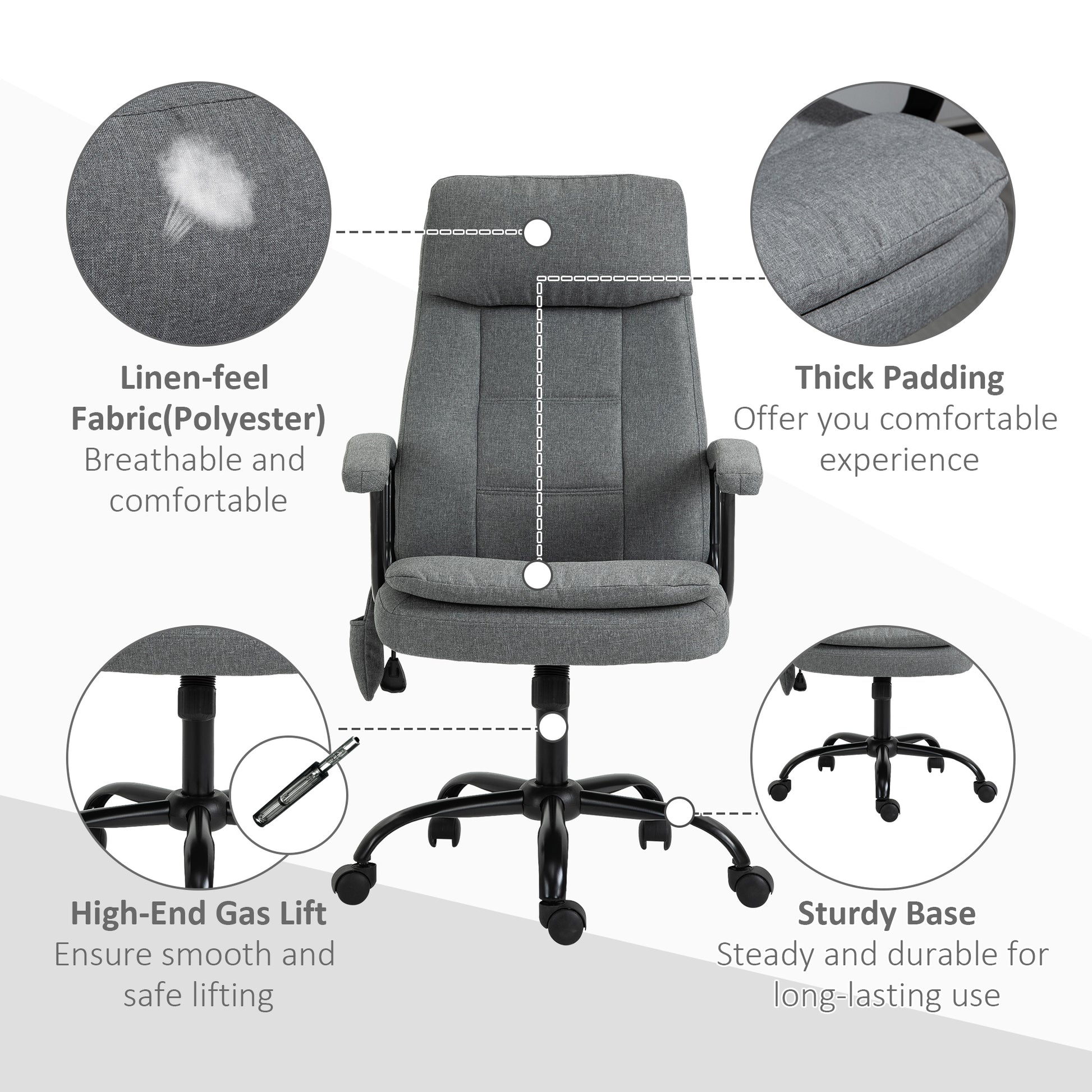 Vinsetto 2-Point Massage Office Chair Linen-Look Ergonomic Adjustable Height w/ 360° Swivel 5 Castor Wheels Rocking Comfortable Executive Seat Grey