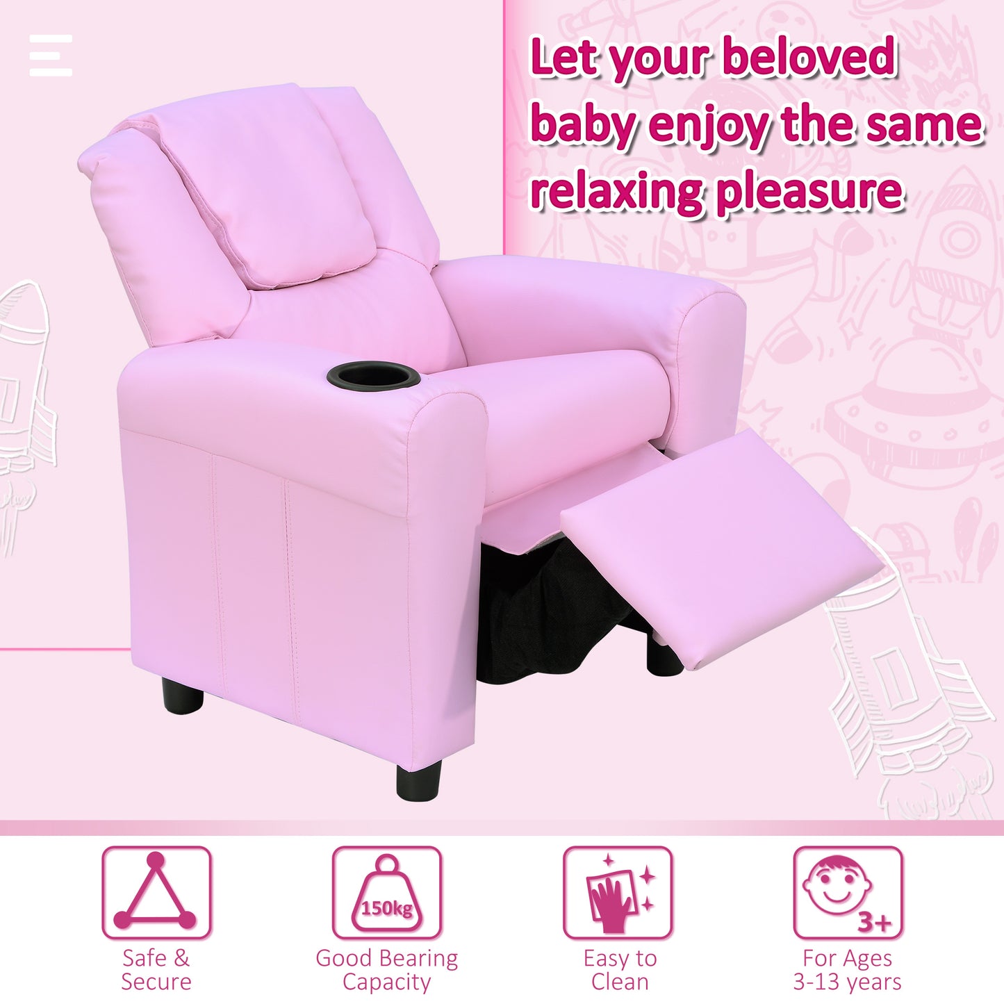 Homcom Kids Children Recliner Lounger Armchair Games Chair Sofa Seat PU Leather Look w/ Cup Holder (Pink)