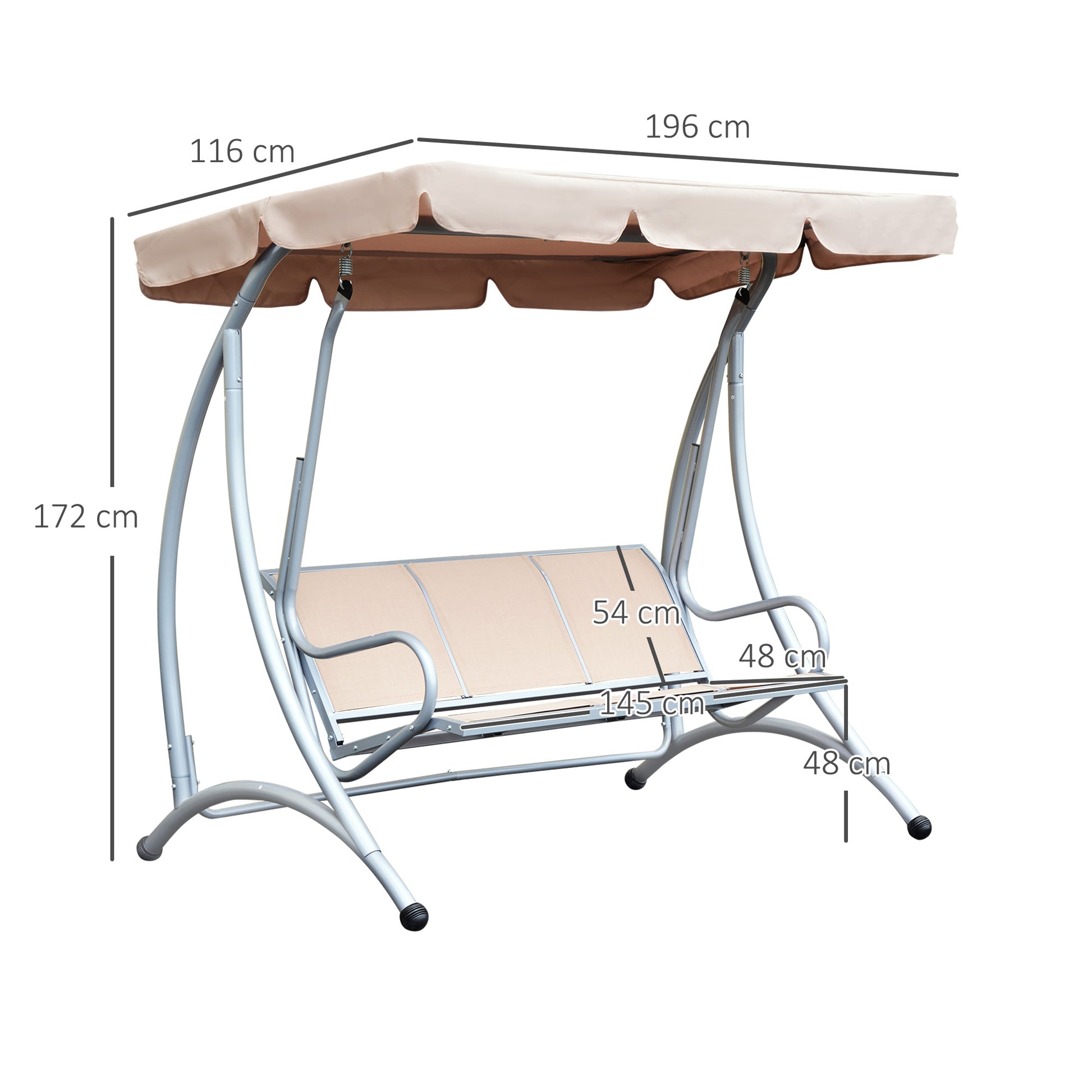 Outsunny 3 Seater Garden Swing Seat Bench Steel Swing Chair With Adjustable Canopy For Outdoor Patio Porch - Beige