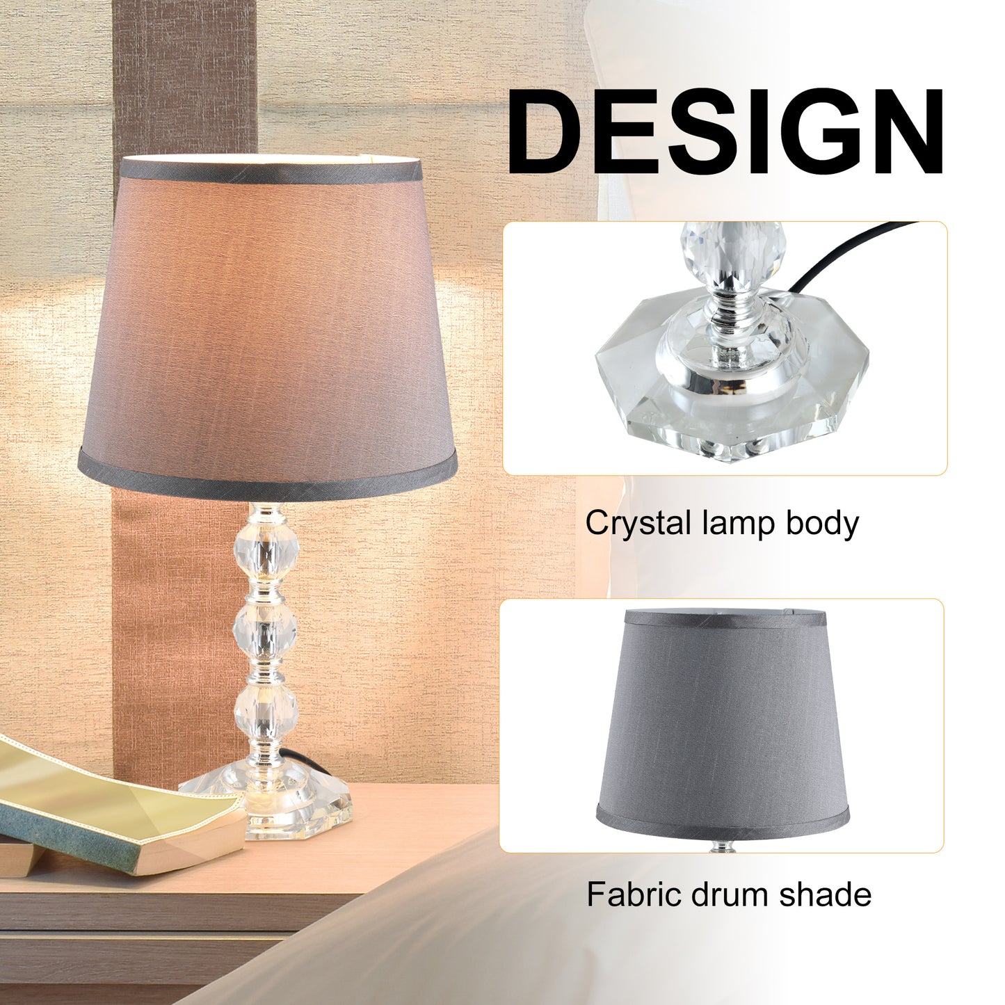 Homcom Crystal Glass Bedside Table Lamp Grey