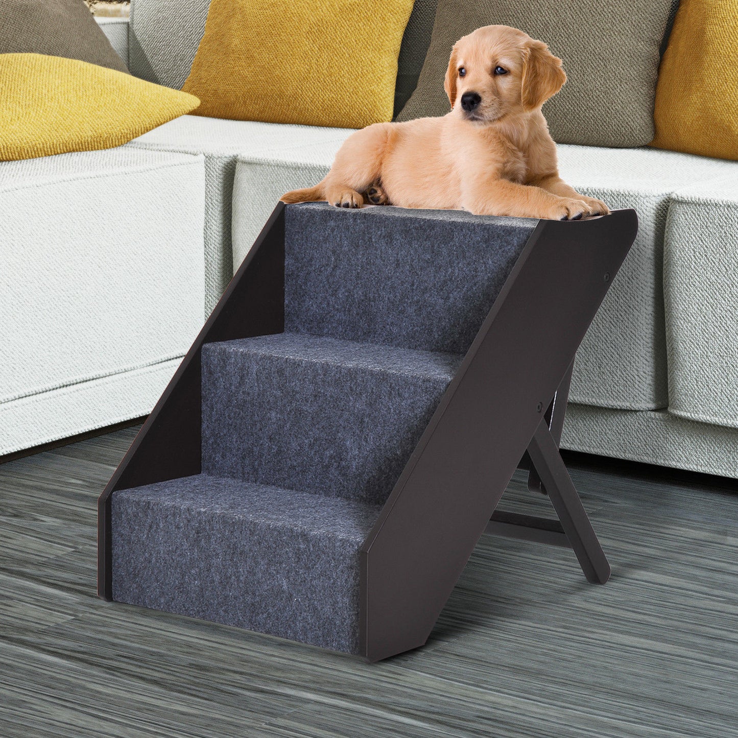 PawHut 3-Steps Ladder Dog Ramp Pets Steps -Dark Brown