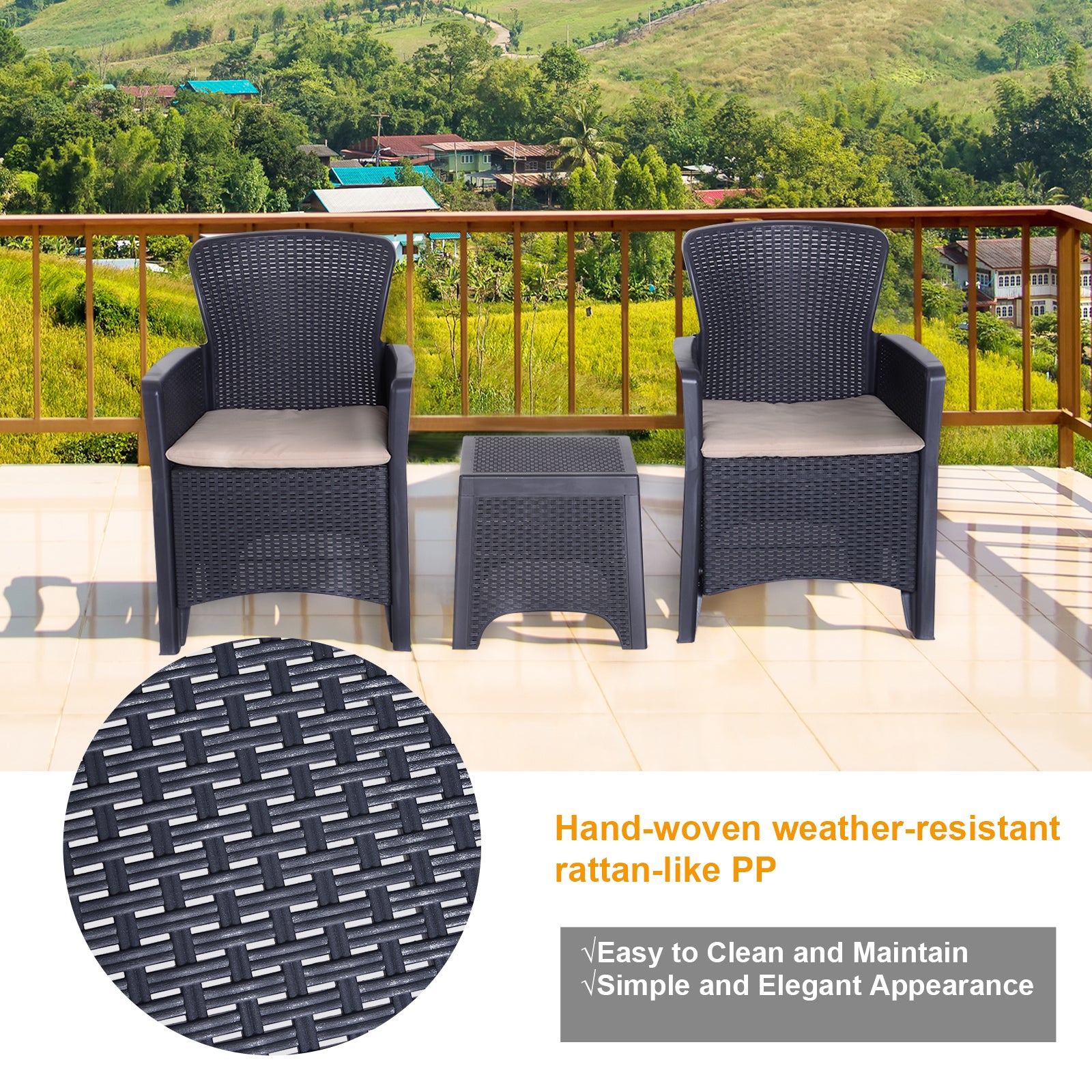 Outsunny 3 PCS Rattan Effect Garden Bistro Set 2 Chairs & Coffee Table Set with Cushion Patio Lawn Balcony Furniture - Dark Brown