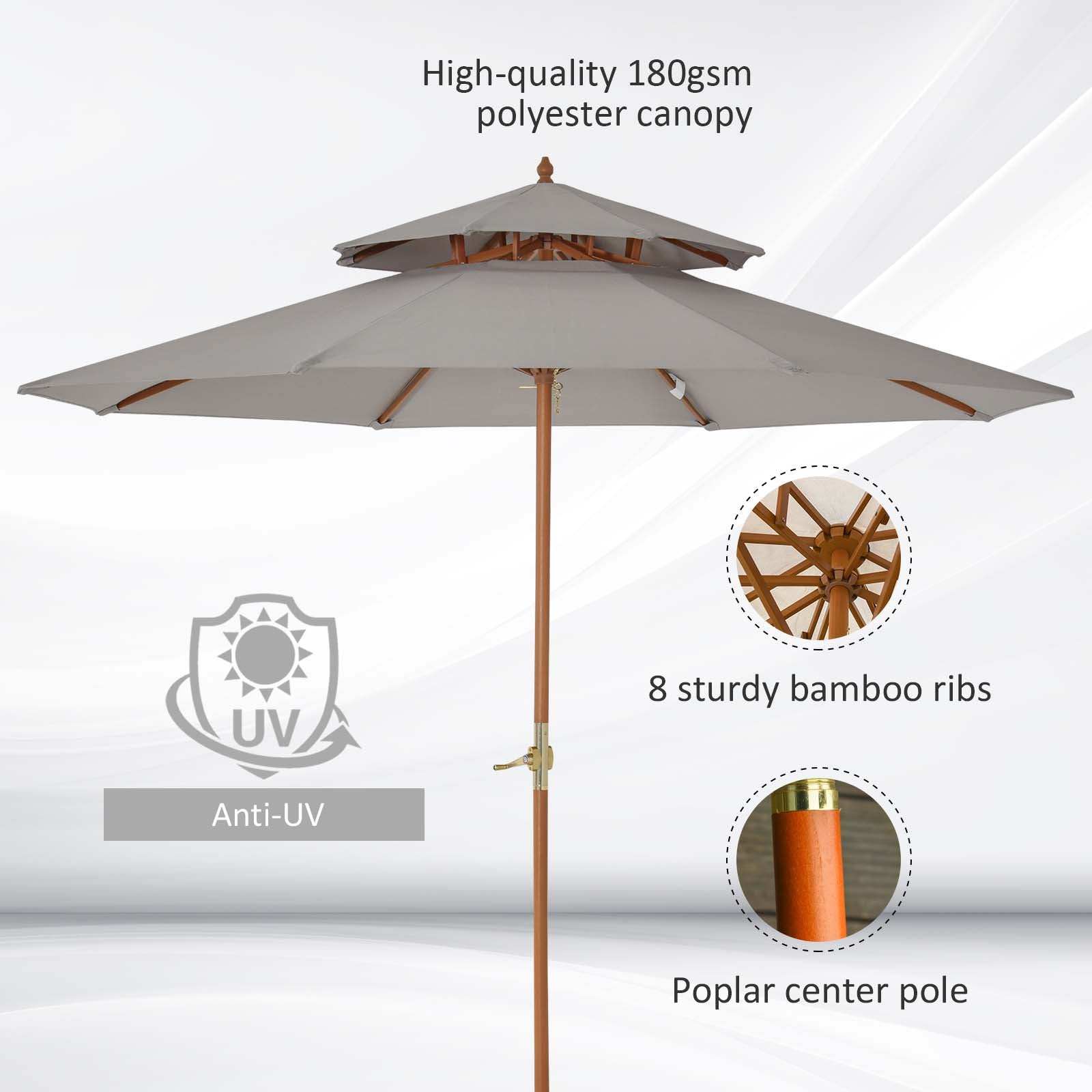 Outsunny 2.7 M Garden Parasol Umbrella Double Tier Garden Umbrellas Outdoor Sun Umbrella Sunshade Bamboo Parasol Grey