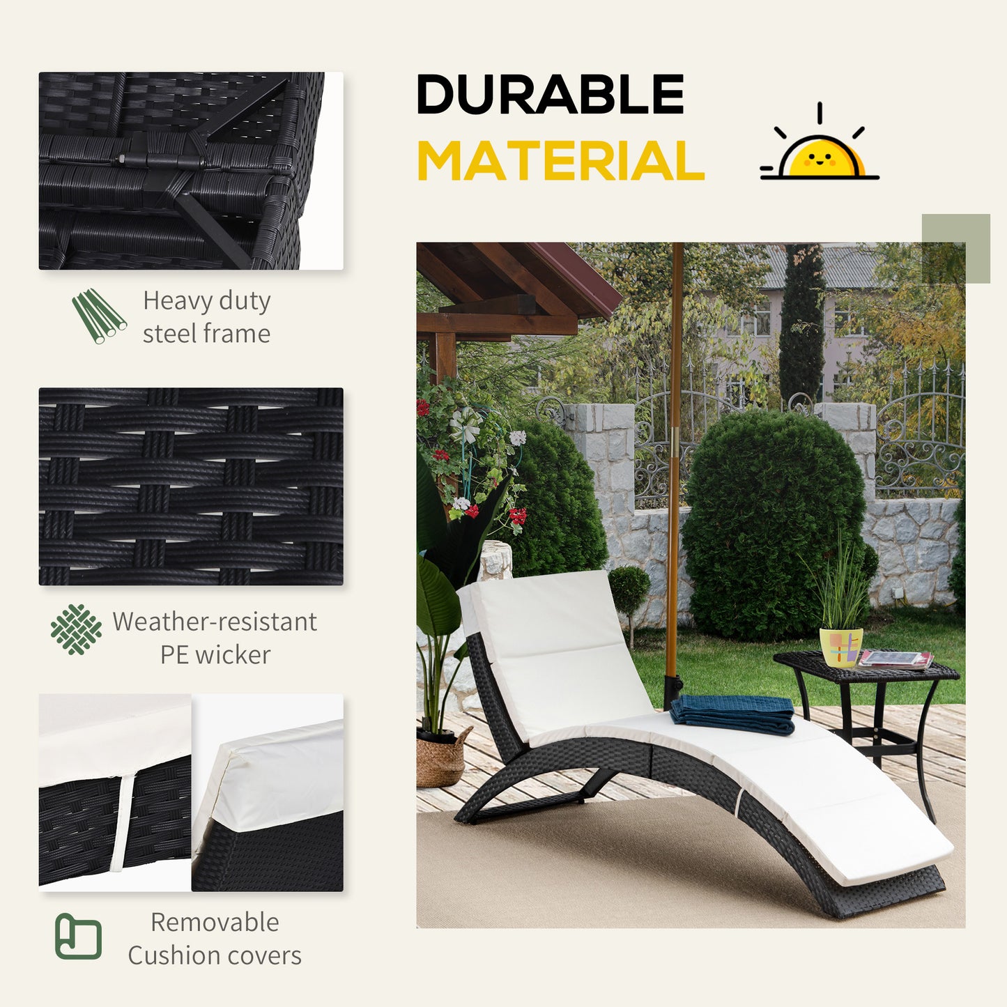 Outsunny Outdoor Foldable PE Rattan Sun Lounger with Soft Padded Cushion