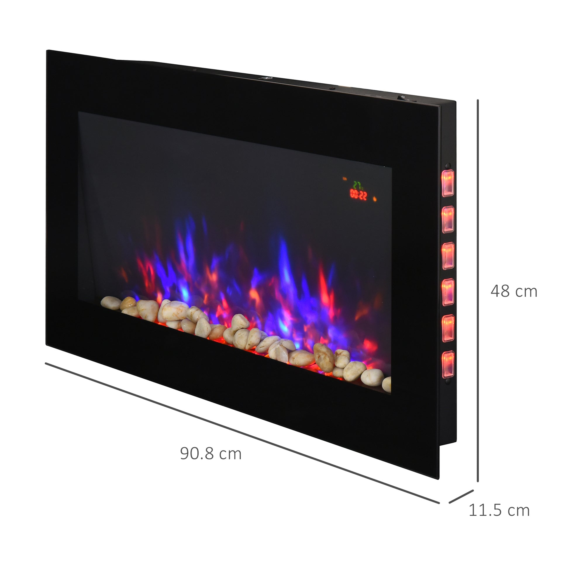 Homcom 2000W Wall Mounted Tempered Large LED Flat Glass Electric Fireplace Heater Black