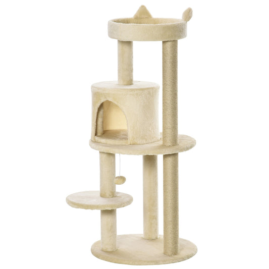 104 cm Cat Tree, Cat Condo Tree Tower, Cat Activity Centre with Scratching Posts, Plush Perch, Hanging Ball - Cream White-0