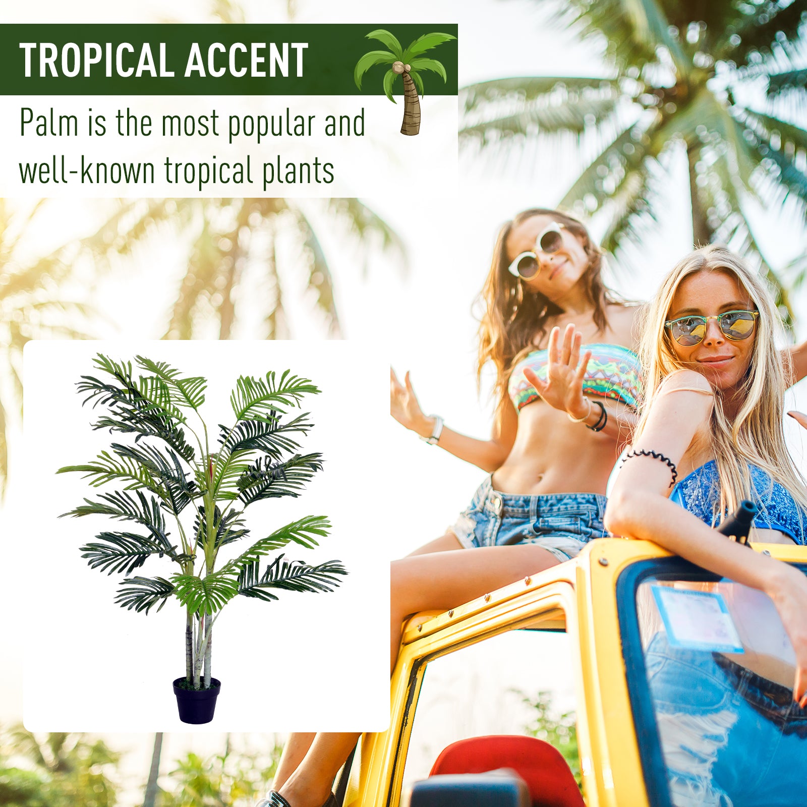 Outsunny 150cm(5ft) Artificial Palm Tree Decorative Indoor Faux Green Plant w/Leaves Home Décor Tropical Potted Home Office