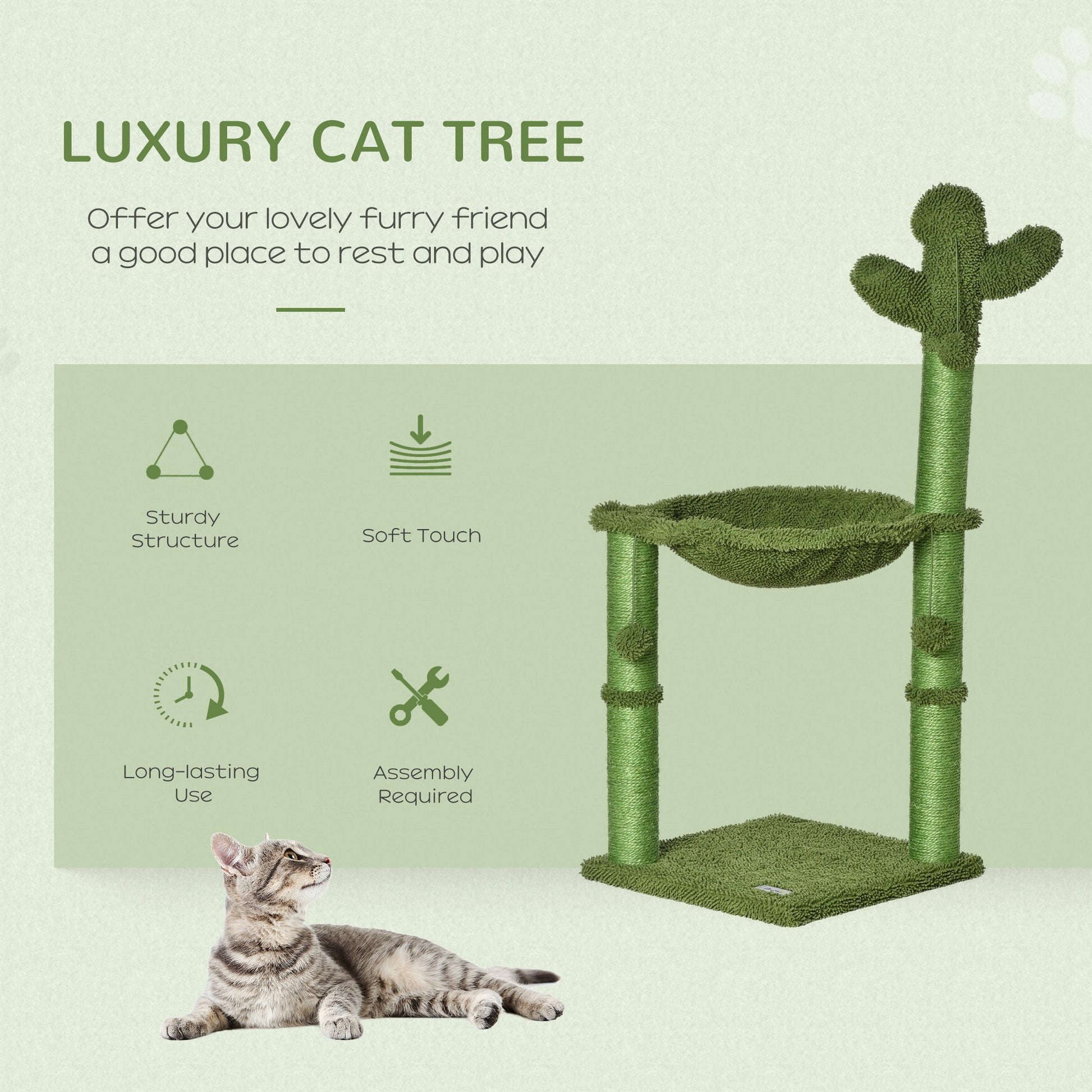 PawHut Cat Tree Tower Cactus Shape w/ Scratching Post Hammock Bed Ball Kitten Toy