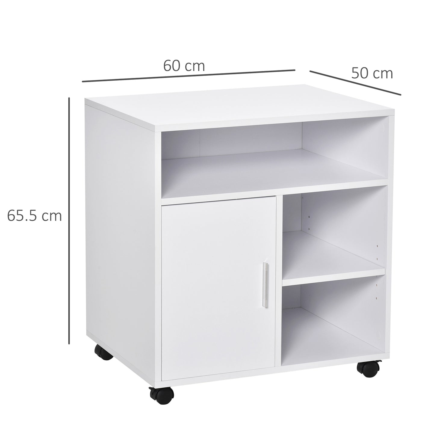 Homcom Multi-Storage Printer Stand Unit Office Desk Side Mobile Storage w/ Wheels Modern Style 60L x 50W x 65.5H cm - White