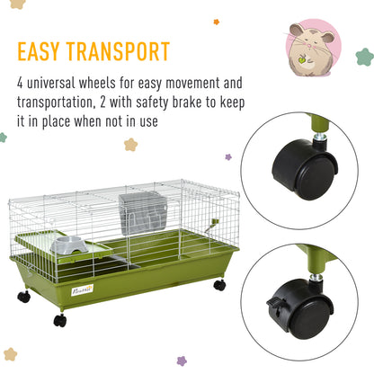 PawHut Small Animal Cage Rabbit Guinea Pigs Chinchillas Cage w/ Wheels Water Bottle Food Dish Platform Ramp 89 x 44 x 43 cm Green