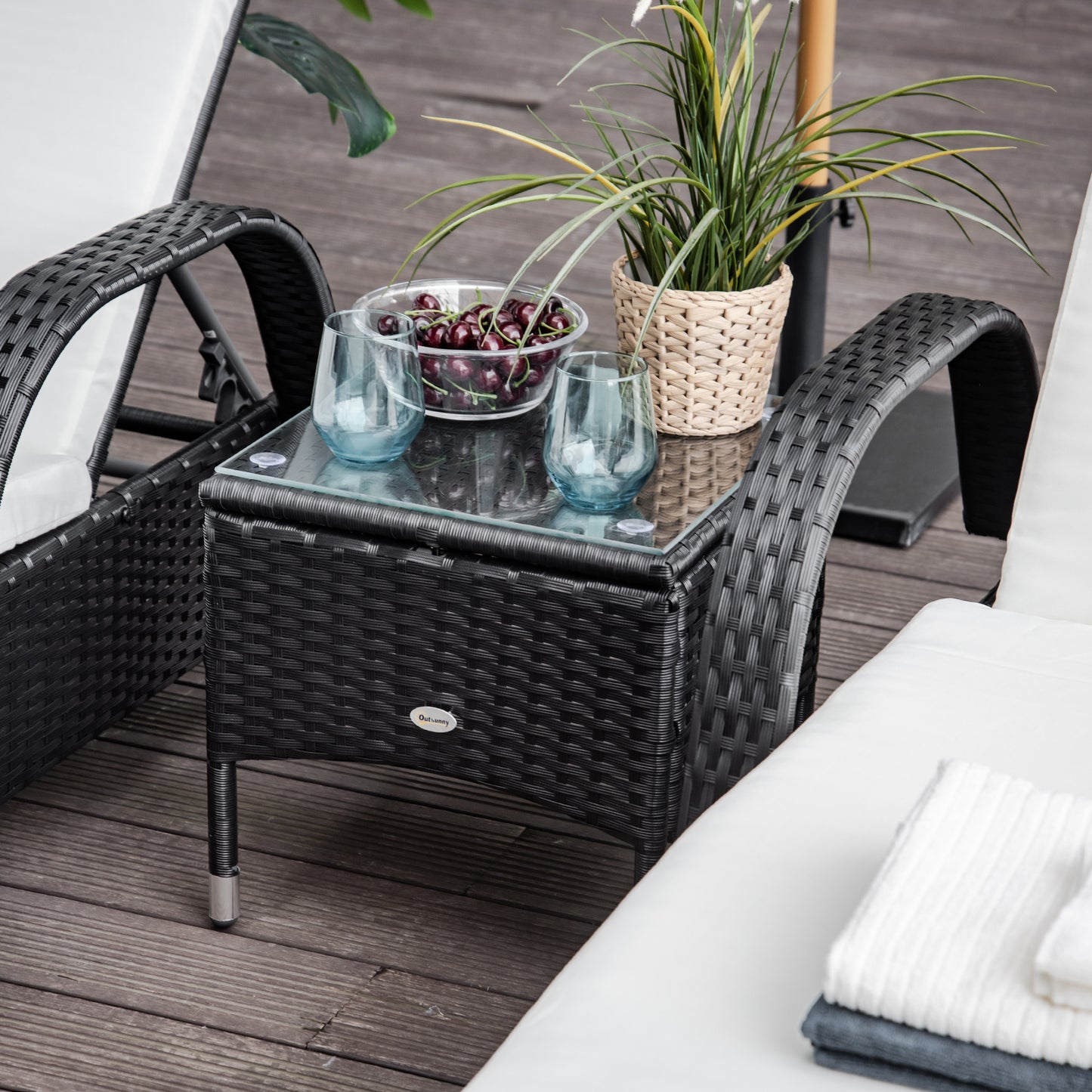 Outsunny 2 Seater Rattan Sun Lounger Set With Side Table Black