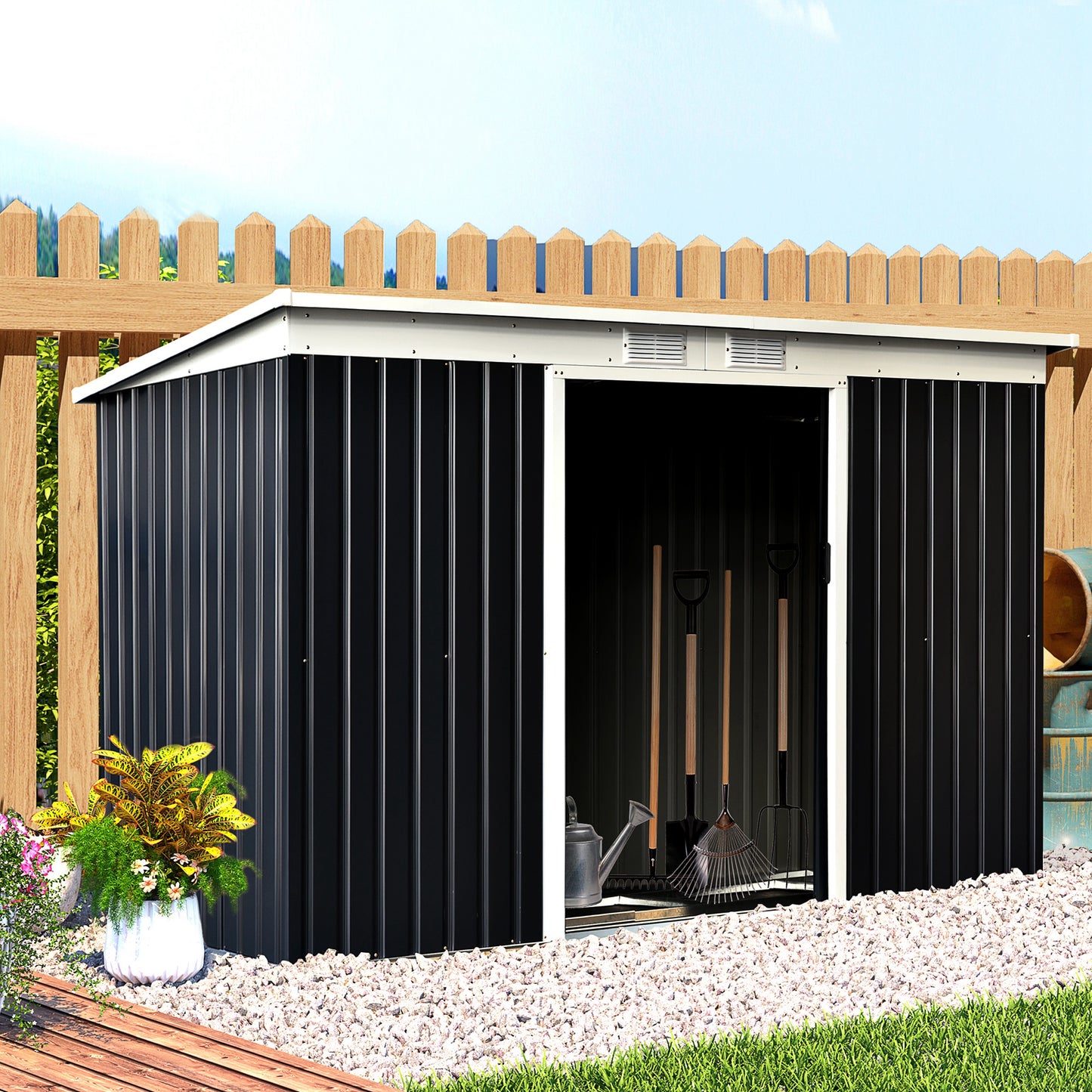 Corrugated 9 x 4' Double Door Pent Garden Shed With Ventilation Steel Dark Grey by Steadfast