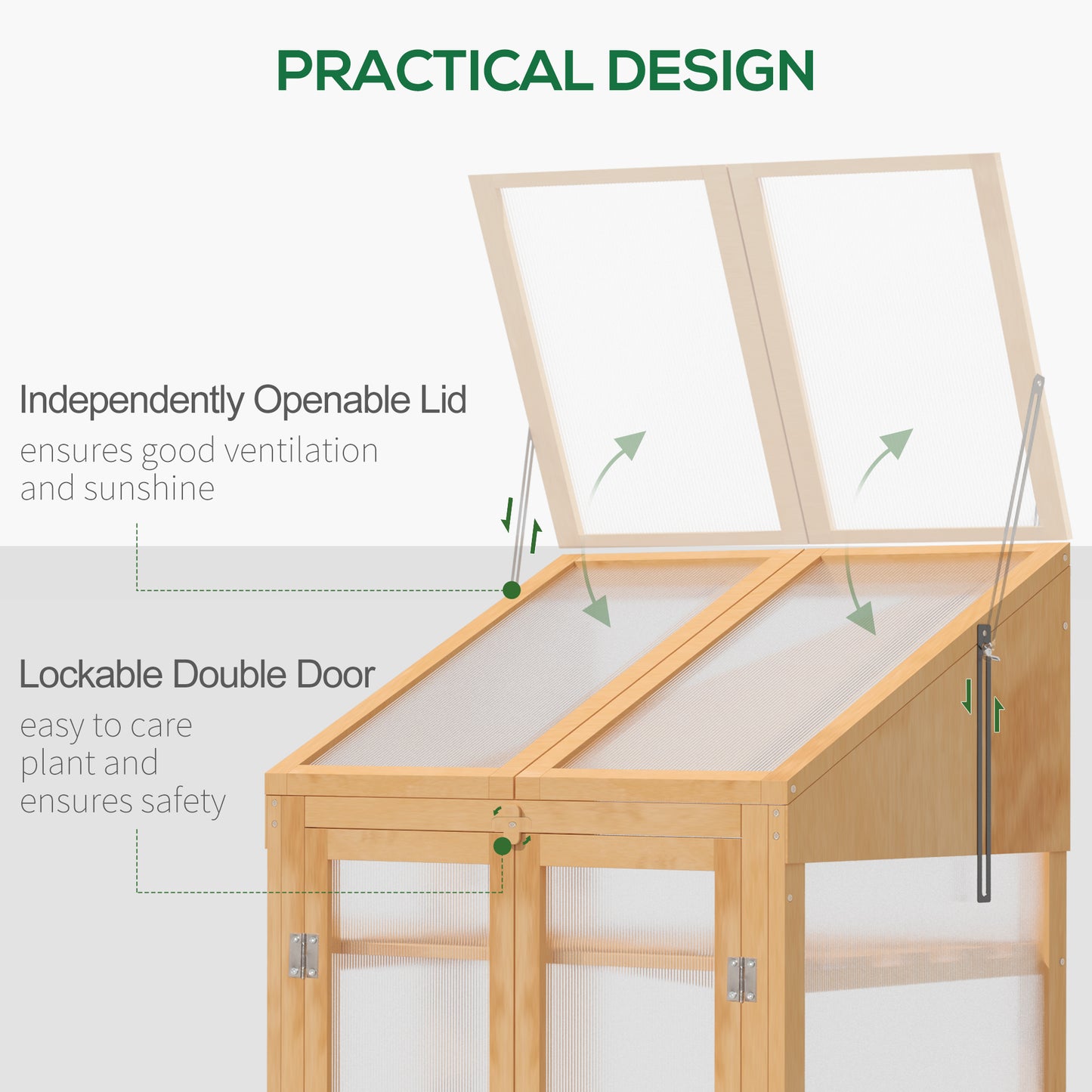 Outsunny Wooden Cold Frame Polycarbonate Greenhouse with Openable Top Cover and Double Door