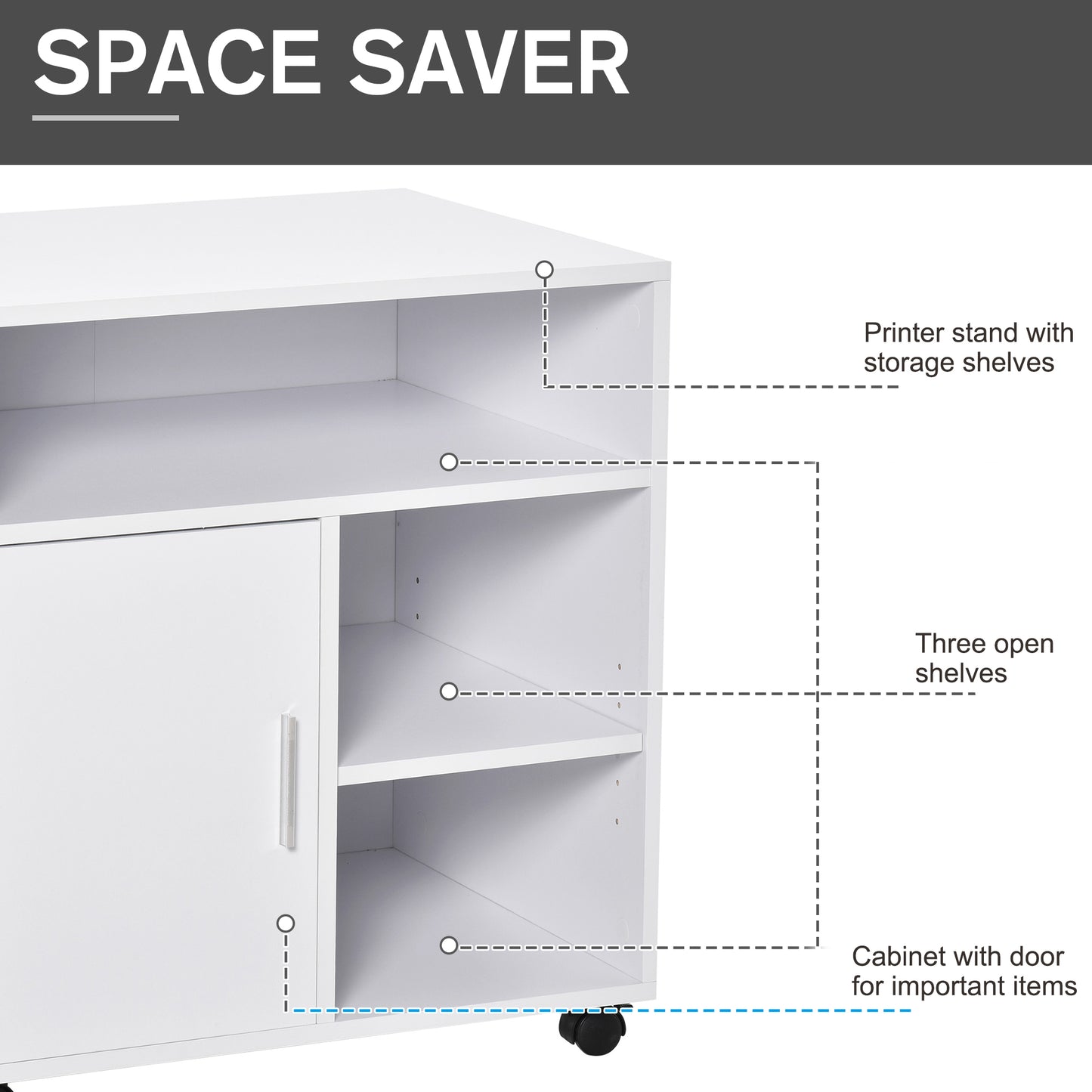 Homcom Multi-Storage Printer Stand Unit Office Desk Side Mobile Storage w/ Wheels Modern Style 60L x 50W x 65.5H cm - White