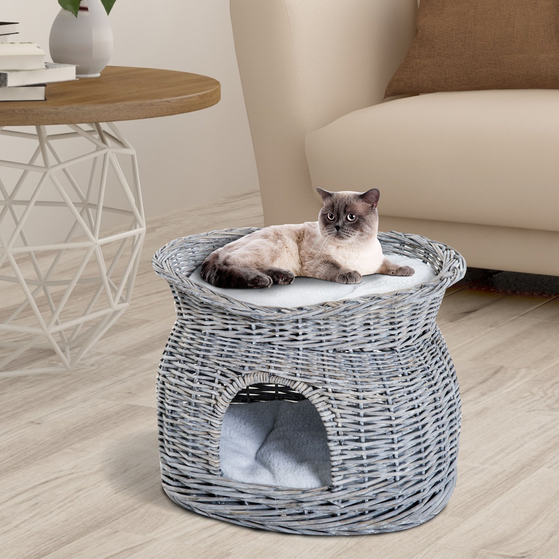 PawHut 2-Tier Elevated Cat Bed Basket W/Cushion-Grey