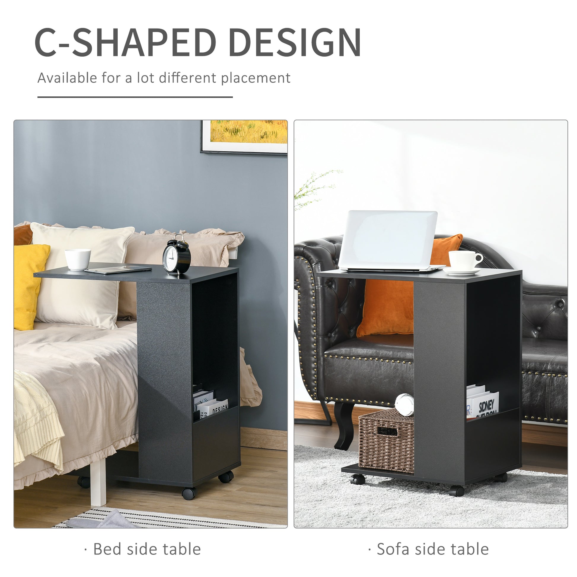 Homcom Mobile Sofa Side Table C-Shape End Table with Storage and Casters for Laptop Coffee Snack