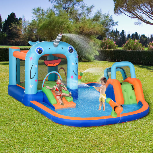 Outsunny 5 in 1 Kids Bounce Castle Narwhals Style Inflatable House with Slide Trampoline Pool Water Gun Climbing Wall with Inflator Carrybag