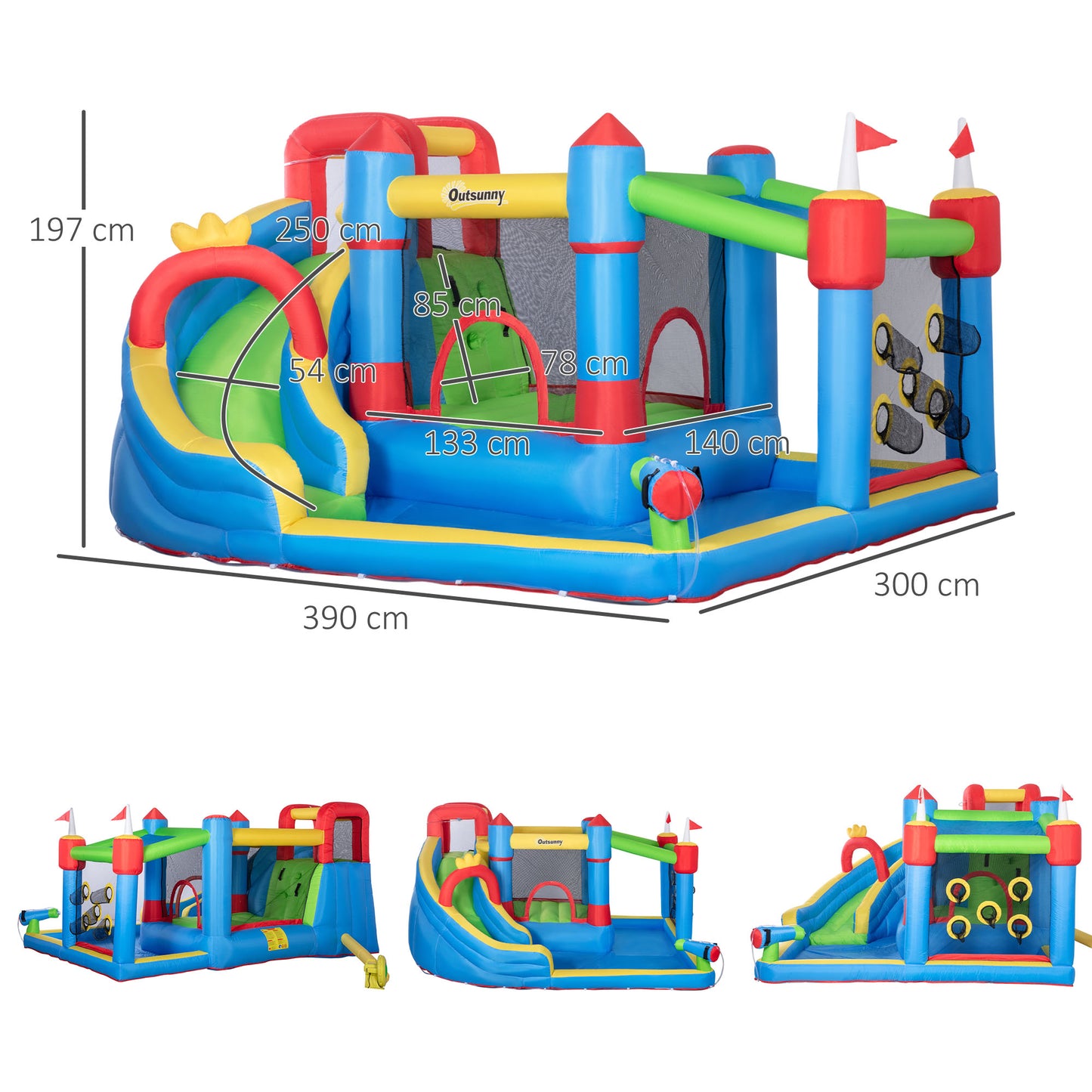 Outsunny 5 in 1 Kids Bounce Castle Large Castle Style Inflatable House Slide Trampoline Pool Water Gun Climbing Wall with Inflator Carrybag Patches for Kids Age 3-8