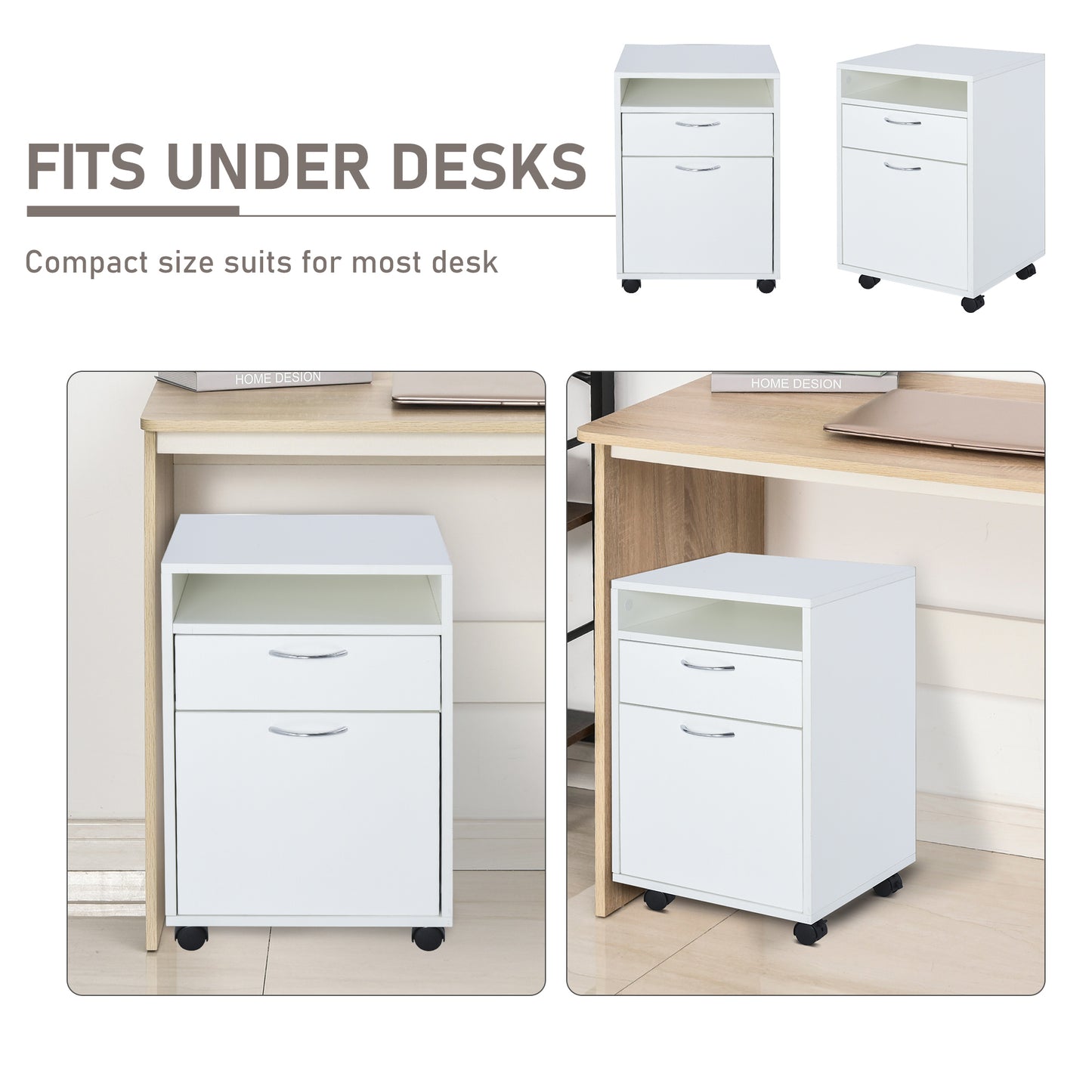 Homcom 60cm Storage Cabinet w/ Drawer Open Shelf Metal Handles 4 Wheels Office Home Organiser Mobile Printer White