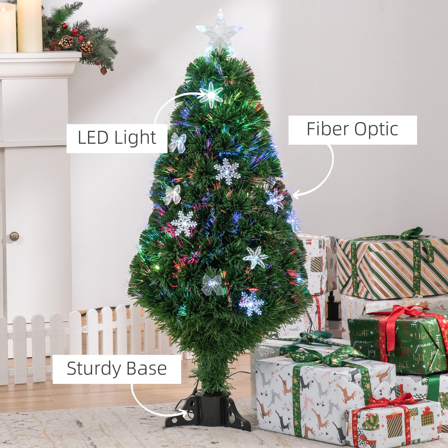 Homcom 4FT Prelit Artificial Christmas Tree Fiber Optic LED Light Holiday Home Xmas Decoration Tree with Foldable Feet