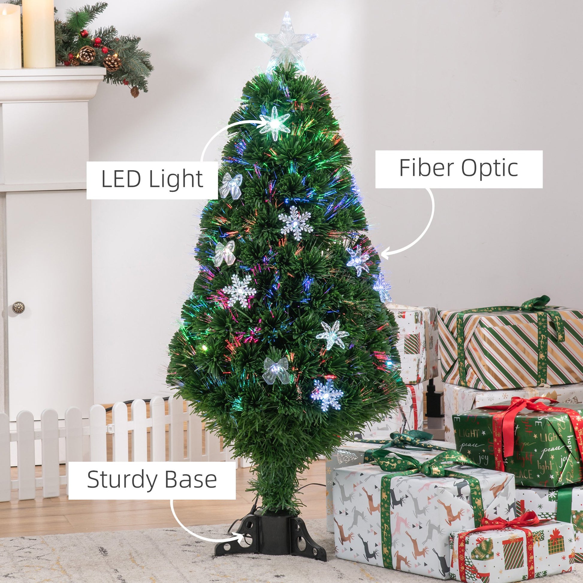 Homcom 4FT Prelit Artificial Christmas Tree Fiber Optic LED Light Holiday Home Xmas Decoration Tree with Foldable Feet