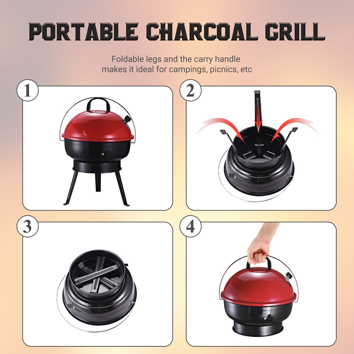 Outsunny Metal Portable Tripod Charcoal Bbq Grill Black Red